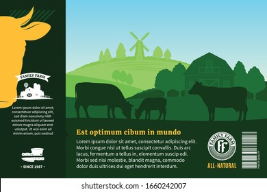 Vector farm fresh beef packaging or advertising design elements. Beautiful spring rural landscape with cows, calves and farm. Butcher shop or cattle farming illustration