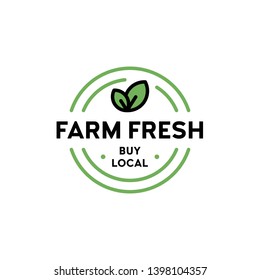 Vector farm fresh icon template. Line label badge with green leaves. Buy local logo illustration. Organic food, raw, vegan, eco label for farmer market, healthy natural products, bio goods