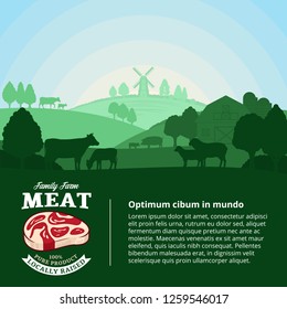 Vector farm fresh meat illustration with rural landscape and farm animals. Modern style butchery label. Butcher's shop or farming design elements.