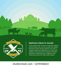 Vector farm fresh meat illustration with rural landscape and farm animals. Modern style butchery label. Butcher's shop or farming design elements.