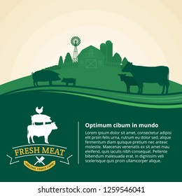 Vector farm fresh meat illustration with rural landscape and farm animals. Modern style butchery label. Butcher's shop or farming design elements.