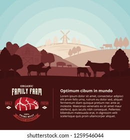 Vector farm fresh meat illustration with rural landscape and farm animals. Modern style butchery label. Butcher's shop or farming design elements.
