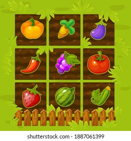 Vector farm game field match 3 with with a wooden fence and berries. Isolated square beds with vegetables.