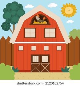 Vector farm or garden landscape illustration. Rural village scene with red barn, fence, tree. Cute spring or summer square nature background with cottage. Country house picture for kids
