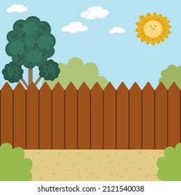 Vector farm or garden landscape illustration. Rural village scene with fence, trees, sky, sun. Cute spring or summer square nature background with cottage. Country field picture for kids
