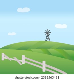 Vector farm green field with broken white wooden fence and gray windmill. Blue sky with white clouds. EPS10