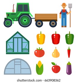Vector farm harvesting equipment for agriculture and horticulture farmer man with hand tools