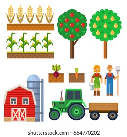 Vector farm harvesting equipment for agriculture and horticulture farming natural fruits and hand tools