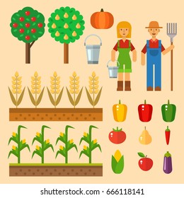 Vector farm harvesting equipment for agriculture and horticulture healthy natural fruits and hand tools
