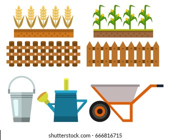 Vector farm harvesting equipment for agriculture and horticulture healthy natural fruits and hand tools
