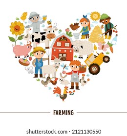Vector farm heart shaped frame with farmers and animals. Rural country card template or local market design for banners, invitations. Cute countryside illustration with barn, cow, tractor, pig, hen
