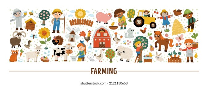 Vector farm horizontal set with farmers and animals. Rural country card template or local market design for banners, invitations. Cute countryside illustration with barn, cow, tractor, pig, hen