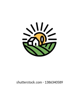 Vector farm house icon template. Line organic farming symbol illustration with field, sun, rays. Circle natural food logo background for healthy fresh eco products, farmers market