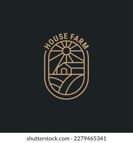 Vector farm house icon template. Linear organic farming symbol illustration with field, sun, rays.