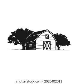 Vector farm house illustration. Rustic monochrome landscape. A barn with trees. Vintage village art isolated on white background