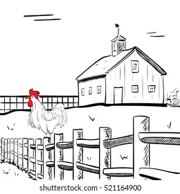 Vector farm house with rooster on a fence