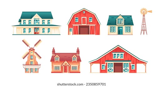 vector farm houses cartoon art deco retro set illustration isolated