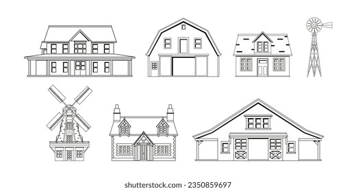 vector farm houses cartoon line art set illustration isolated