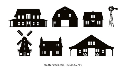 vector farm houses cartoon silhouette icon set illustration isolated