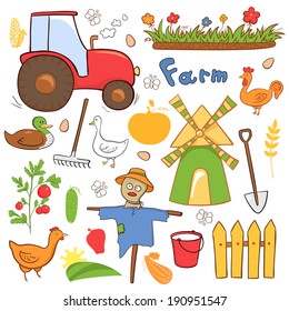 Vector farm illustrations set in doodle style