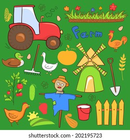 Vector farm illustrations set in doodle style on green background