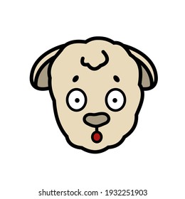 Vector farm isolated muzzle sheep animal head with emotion. Surprised, frightened, discouraged, ears lowered with fear. Cute cartoon funny little lamb baby face on white background