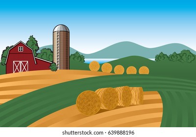 Vector Farm Landscape Illustration with Barn