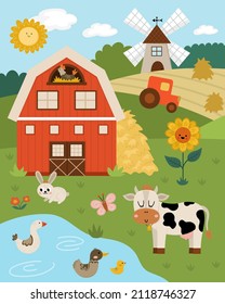 Ilustración del paisaje de la granja de vectores. Escenario rural con animales, granero, tractor. Borde natural de primavera o verano con estanque, prado, vaca. Tarjeta de campo para niños
