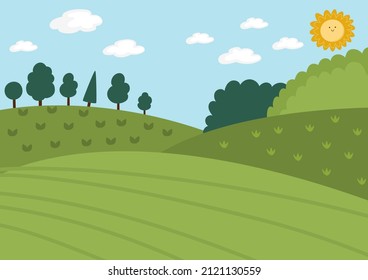 Ilustración del paisaje de la granja de vectores. Escenario rural con colinas, bosques, árboles, sol. Borde natural horizontal de primavera o verano. Imagen de campo para niños
