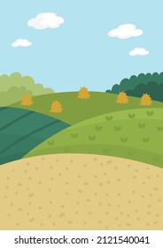 Vector farm landscape illustration. Rural village scene with hills, forest, hay stack. Cute spring or summer vertical nature background. Country field picture for kids
