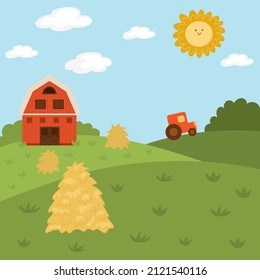 Ilustración del paisaje de la granja de vectores. Escena rural de pueblo con granero, tractor, pila de heno. Fondo natural cuadrado de primavera o verano. Descripción detallada del campo de campo para los niños
