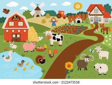 Vector farm landscape illustration. Rural village scene with animals, barn, country house. Cute spring or summer nature background with pond, meadow, garden. Detailed country field picture for kids
