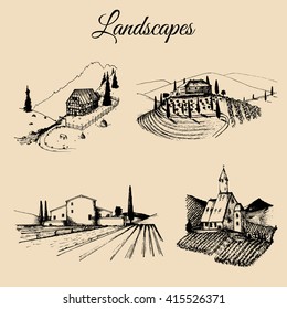 Vector farm landscapes illustrations set. Hand drawn countryside. Sketches of villa, vineyard, abbey, agricultural homestead in mountains, fields and hills.