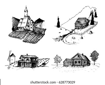 Vector farm landscapes illustrations set. Sketches of vineyard, abbey, agricultural homestead in mountains, fields and hills. Hand drawn russian countryside. 