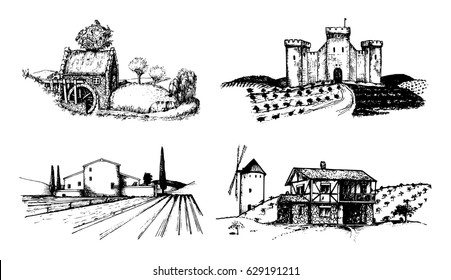 Vector farm landscapes illustrations set. Sketches of castle, agricultural homestead, watermill etc in fields and hills. Hand drawn rural countryside