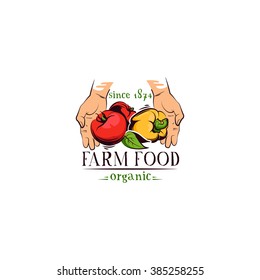 Vector farm logotype. Retro Farm Fresh label with fresh pepper and tomatoes