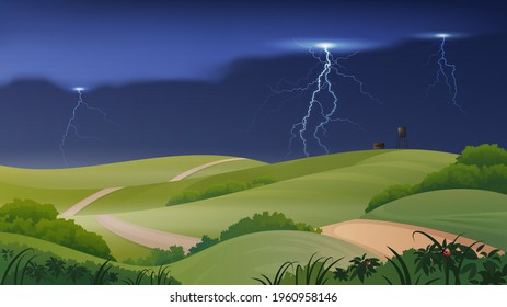 Vector farm scene with country fields and stormy sky. Summer rural landscape with farm, water tower and country road passes through the fields.