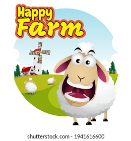 Vector farm scene, sheep farm, happy farm