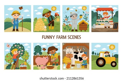 Vector farm scenes set. Cute kids doing agricultural work. Rural country landscapes with farmers. Children gathering hay, feeding animals, beekeeping, milking cow. Cartoon boys and girls
