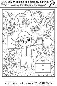 Vector farm searching black and white game with rural village landscape, farmer. Spot hidden bees coloring page. Simple on the farm seek and find activity with beekeeper, beehive, honey
