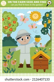 Vector farm searching game with rural village landscape and farmer. Spot hidden bees in the picture. Simple on the farm seek and find printable activity with beekeeper, beehive, honey
