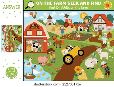 Vector farm searching game with rural village landscape and farmers. Spot hidden rabbits in the picture. Simple on the farm or Easter seek and find educational printable activity for kids with bunny