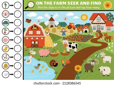 Vector farm searching game with rural countryside landscape. Spot hidden objects in the picture and say how many. Simple fantasy seek and find and counting educational printable activity for kids
