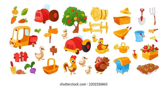 vector farm set. collection with funny ducklings, indica, chicken, duck, beehive, apple tree, car, tractor, beehive, flowers, vegetables