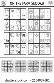 Vector farm sudoku black and white puzzle for kids with pictures. Simple on the farm quiz with missing elements. Education activity or coloring page with farmer, barn, tractor. Draw missing objects
