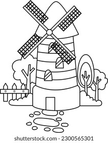 a vector of a farm windmill in black and white coloring