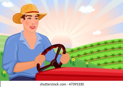 Vector Farmer driving his tractor on the fields. EPS AI8, all elements layered and grouped.