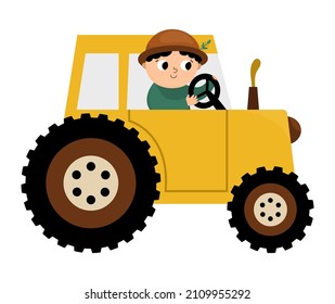 Vector farmer driving tractor icon. Farm transportation with driver isolated on white background. Funny rural illustration for kids with cute boy. 
