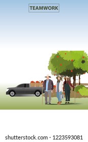 vector farmer family standind on garden background