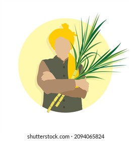 Vector of Farmer Holding Crop. Farmer in Indian Attire. Editable Illustration of Farmer Holding Sugarcane.